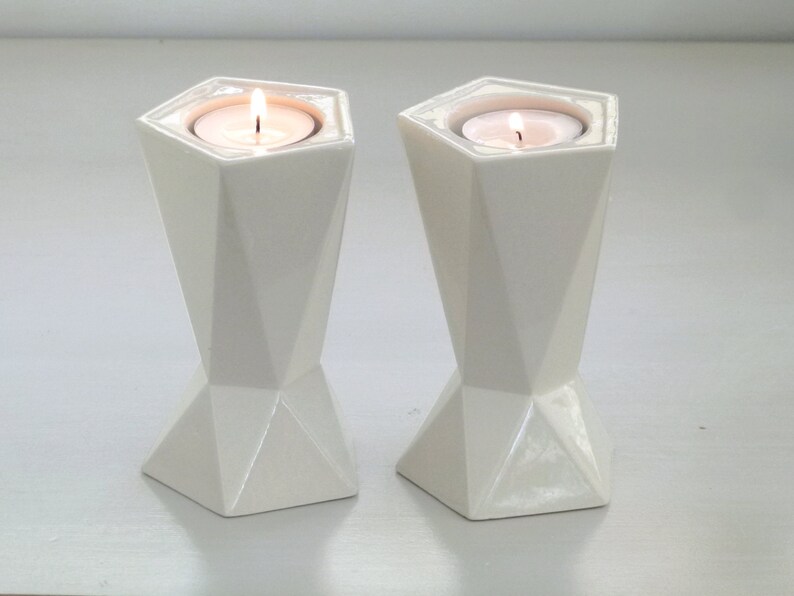 Modern Judaica - 50% Sale - Wedding Gift - Pair of Candlesticks - Shabbat Dinner - Ceramics - Geometric Shape