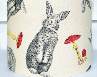 Rabbit & Toadstool Lampshade: Beige Linen Drum Shade