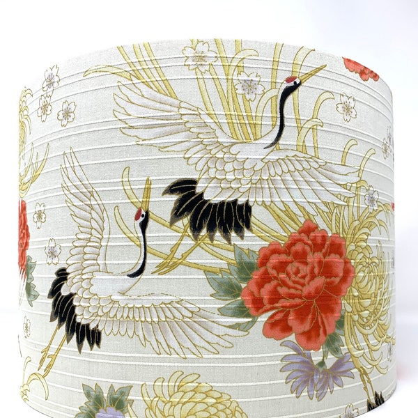 Japanese birds lampshade, Oriental crane stork heron lamp shade, ivory gold Chinese Asian light shade, for table lamps or ceiling lights