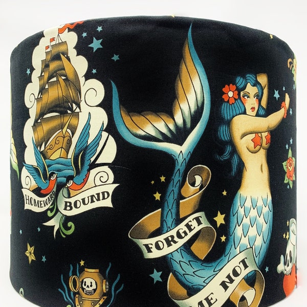Mermaid lampshade, tattoo lamp shade, black nautical decor for boat or beach, Sailor Jerry style