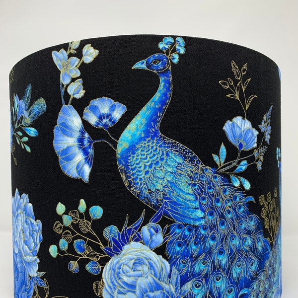 Peacock lampshade, oriental bird lamp shade, blue, Chinoise Japanese Chinese style, for table or standard lamps or ceiling lights
