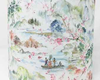 Oriental style lampshade, Japanese Chinese Asian style, pastel green and pink on white background