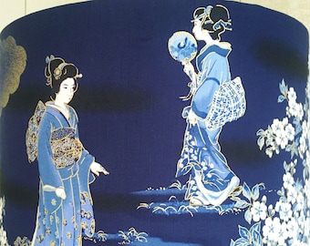 Oriental lampshade, Japanese lamp shade, with Geisha and blossom in blue white and gold, for a Zen Den