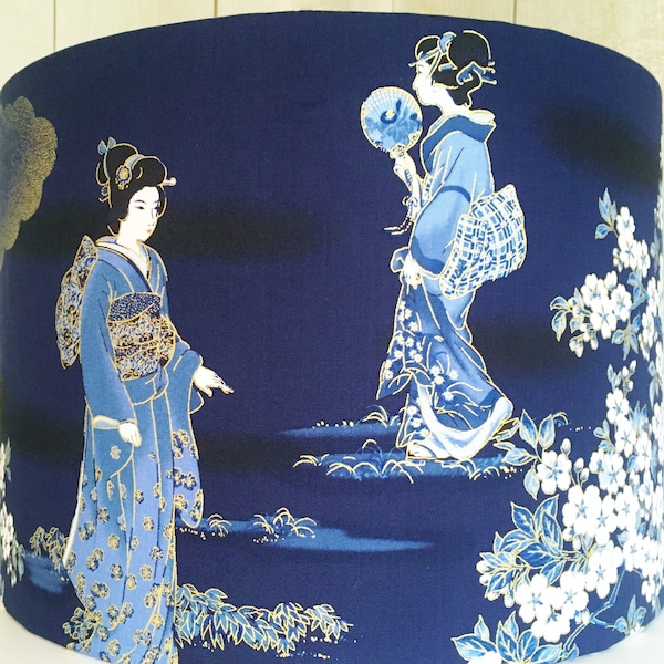 Abat-jour oriental, abat-jour japonais, avec geisha et fleur en bleu blanc et or, pour un repaire zen