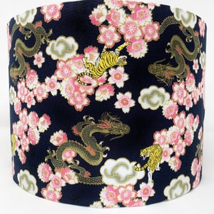 Dragons & Tigers lampshade, oriental lamp shade, black pink tattoo, Chinese Asian style, for table or standard lamps or ceiling lights