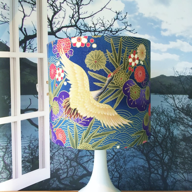 Oriental Lampshade Japanese Lamp Shade Crane or Heron Blue Etsy Canada