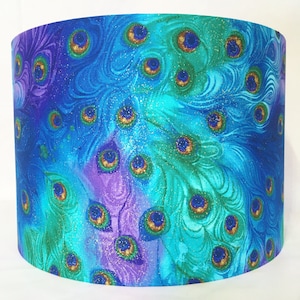 Peacock feather lampshade, oriental lamp shade, chinese asian style in green blue and purple, for table or standard lamps or ceiling lights