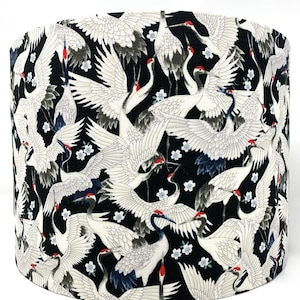Oriental birds lamp shade, crane heron stork, white black, Japanese oriental asian Chinese style, for standard lamps or ceiling lights