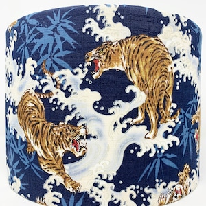 Tigers lampshade, Japanese lamp shade, Oriental Chinese blue shade, for table or standard lamps or ceiling lights