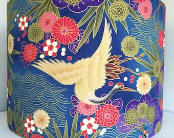 Japanese Crane Lampshade: Blue & Purple Floral Cotton