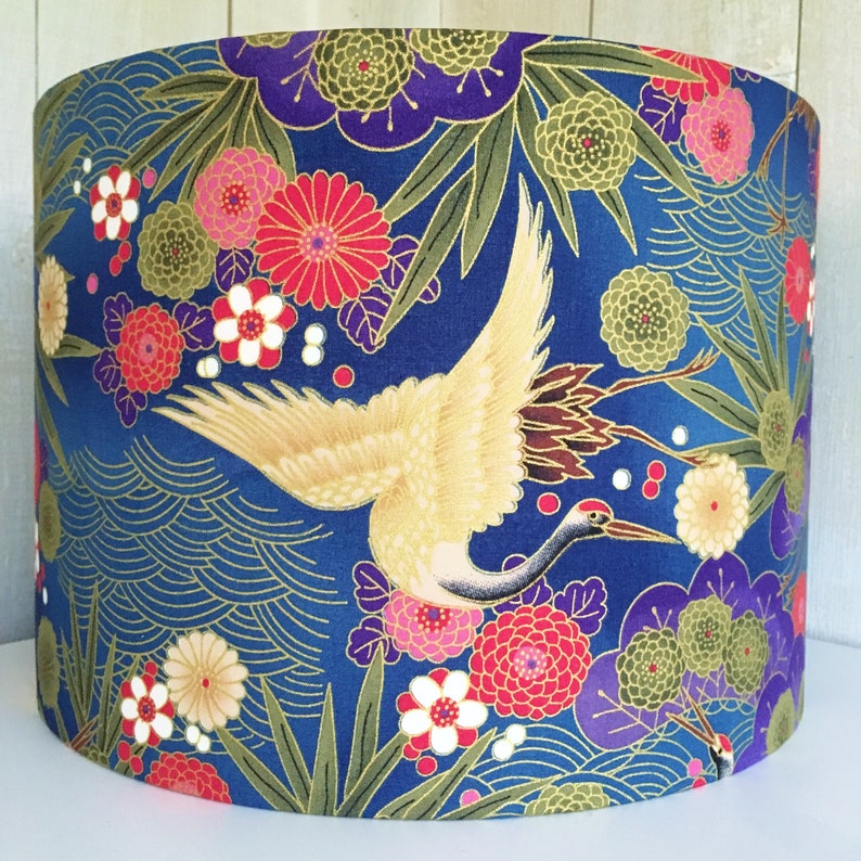 Oriental Lampshade Japanese Lamp Shade Crane Or Heron Blue Etsy