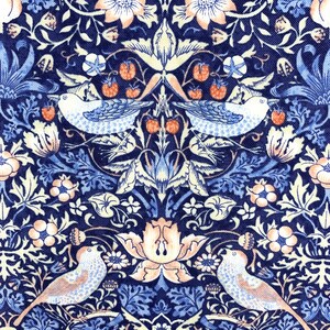 May include: A blue and white floral fabric with a repeating pattern of birds, flowers, and leaves. The fabric has a vintage aesthetic and is perfect for crafting projects.