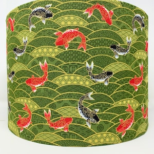 Carp lamp shade, Japanese fish, oriental Chinese lamp shade, green gold, light shade for table or standard lamps or ceiling lights