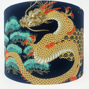 Japanese dragon lampshade, Oriental lamp shade, black gold Chinese Asian light shade, for table lamps or ceiling lights