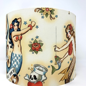 Mermaid lampshade, tattoo lamp shade, ivory nautical decor for boat or beach, Sailor Jerry style