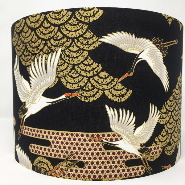 Orientalische Vögel Lampenschirm, Kranich Reiher Storch, gold schwarz, japanisch orientalisch asiatisch chinesischer Stil, für Stehlampen oder Deckenleuchten