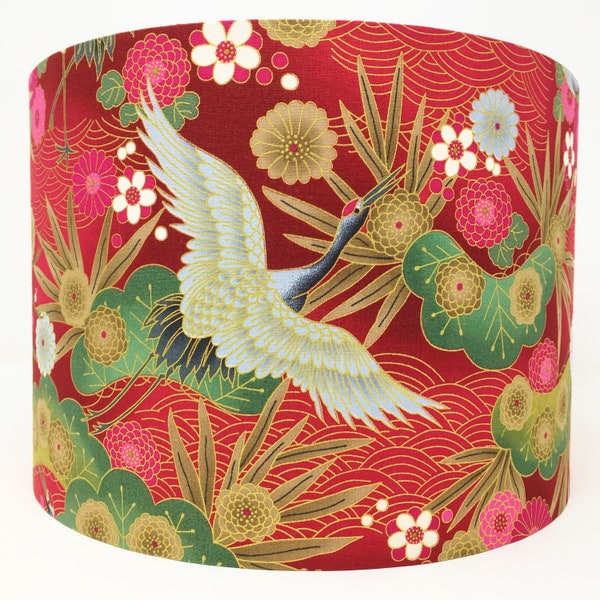 Oriental lampshade, Japanese lamp shade, crane heron, red, birds, 15cm, 20cm 25cm 30cm, gold, metallic, floral, table, ceiling, light shade