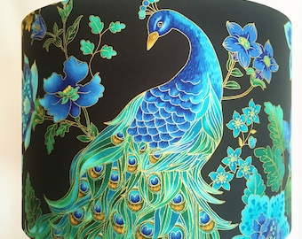 Peacock lampshade, oriental bird lamp shade, black and gold, Chinoise Japanese Chinese style, for table or standard lamps or ceiling lights