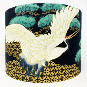 Japanese crane lampshade, Oriental bird heron stork lamp shade, black gold Chinese Asian light shade, for table lamps or ceiling lights