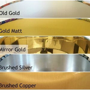 May include: Five lampshades in different finishes: Old Gold, Gold Matt, Mirror Gold, Brushed Silver, and Brushed Copper.