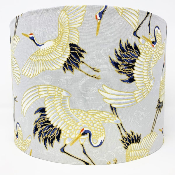 Japanese birds lampshade, Oriental crane stork heron lamp shade, grey gold Chinese Asian light shade, for table lamps or ceiling lights