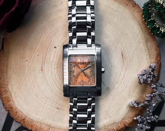 Vintage Fendi stainless steel rectangular watch with rose gold dial
