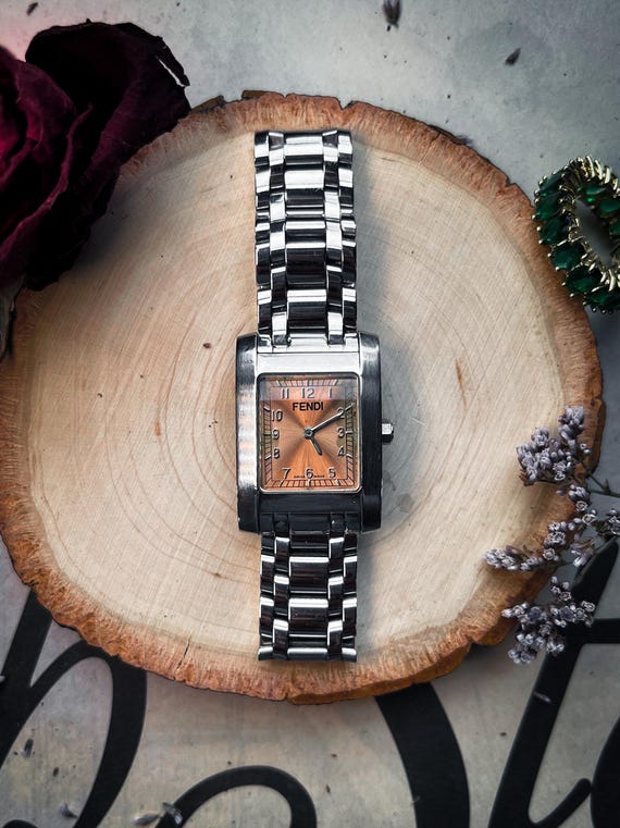Vintage Fendi Stainless Steel Rectangular Watch With Rose Gold