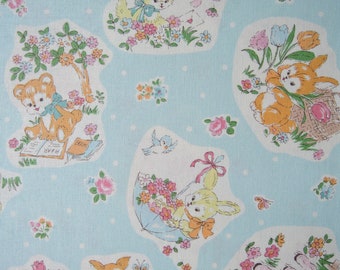 Last 21” x 42” of OOP Yuwa Atsuko Matsuyama 30s Collection Retro Baby Animals on Light Blue Background. Made in Japan