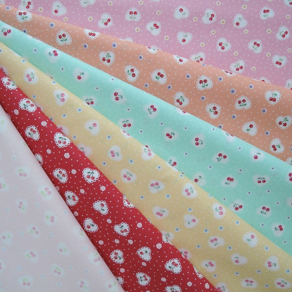 Bundle of 1\8 of Yuwa Atsuko Matsuyama 30's Collection Sweet Cherries Hearts in 6 Colorways. Approx 9" x 21" Made in Japan