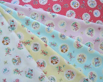 Bundle of 1/8 of Quilt Gate Dear Little World Vintage Baby Animals in 5 Colorways. Approx 9" x 21"  Made in Japan.