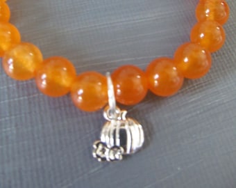 Fall Halloween Pumpkin Bracelet Orange Quartzite Stretch Bracelet with Pumpkin Charm