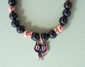 Black Cat Charm Stretch Bracelet 8mm Black Obsidian