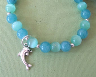 Sea Life Theme Stretch Bracelet Dolphin Bracelet Aqua Cat's Eye and Blue Quartz Stretch Bracelet