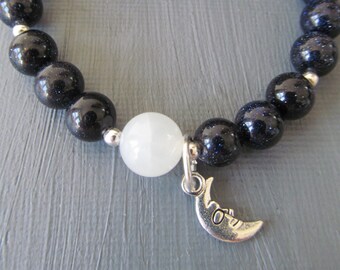 Night Sky Stretch Bracelet Blue Goldstone and Moonstone with Silver Quarter Moon Charm