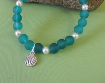 Frosted Sea Green Glass and Glass Pearl Charm Stretch Bracelet