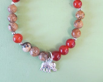 Elephant Charm Stretch Bracelet Fire Agate and Picture Jasper Bracelet Gemstone Bracelet