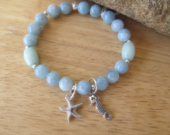 Beach Ocean Theme Stretch Bracelet Silver Starfish and Seahorse Blue Bracelet