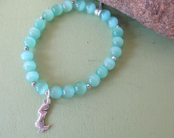 Mermaid and Aqua Cat's Eye Stretch Charm Bracelet-Sea Lover's Bracelet Summer Bracelet