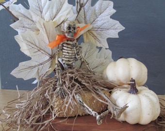 White Pumpkin and Skeleton Table Shelf Sitter White Halloween Decoration