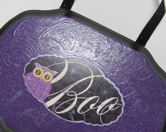 Halloween Sign Painted Wood Decoration Purple Owl Boo