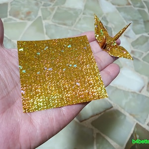 200 Sheets 3 x 3 Gold Color DIY Chiyogami Yuzen Paper Folding Kit for Origami Cranes Tsuru. 4D Glittering paper series. CRK-37. image 4