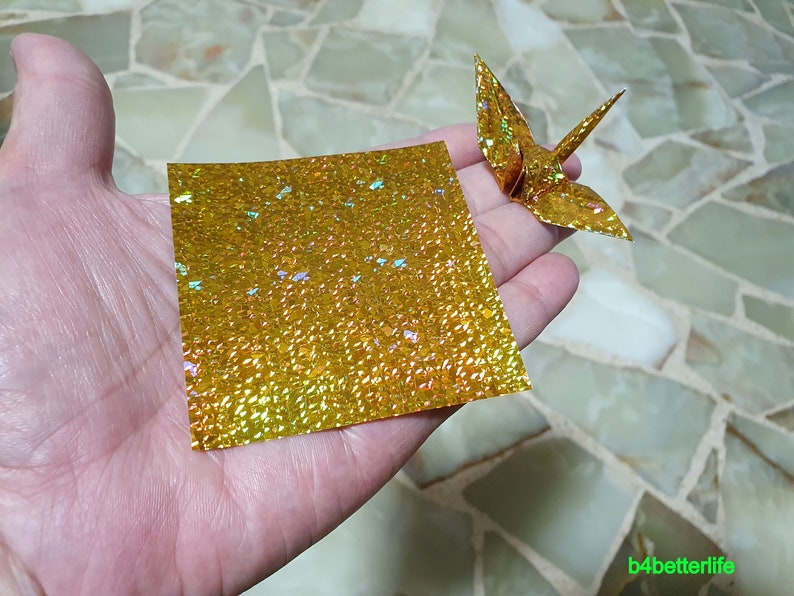 200 Sheets 3 x 3 Gold Color DIY Chiyogami Yuzen Paper Folding Kit for Origami Cranes Tsuru. 4D Glittering paper series. CRK-37. image 4