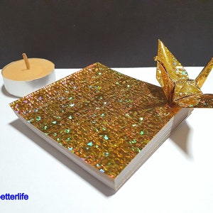 200 Sheets 3 x 3 Gold Color DIY Chiyogami Yuzen Paper Folding Kit for Origami Cranes Tsuru. 4D Glittering paper series. CRK-37. image 2