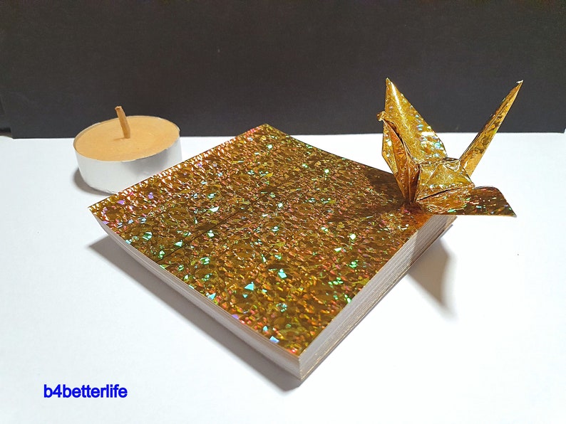 200 Sheets 3 x 3 Gold Color DIY Chiyogami Yuzen Paper Folding Kit for Origami Cranes Tsuru. 4D Glittering paper series. CRK-37. image 2