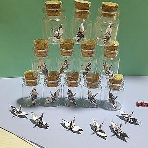 Lot of 20pcs 1-inch Hand-folded Black & White Paper Crane In A Mini Glass Bottle With Cork. WR paper series. CIB20g. image 3