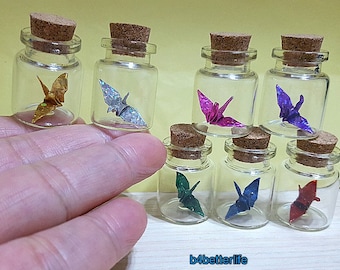 Lot of 21pcs 1-inch Hand-folded Paper Crane In Clear Glass Mini Bottle With Cork. (4D Glittering paper series). #CIB21.