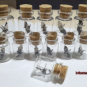 Lot of 20pcs 1-inch Hand-folded Black & White Paper Crane In A Mini Glass Bottle With Cork. WR paper series. CIB20g. image 2