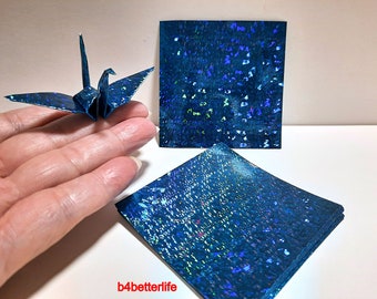200 Sheets 3" x 3" Blue Color DIY Chiyogami Yuzen Paper Folding Kit for Origami Cranes "Tsuru". (4D Glittering paper series). #CRK-36.