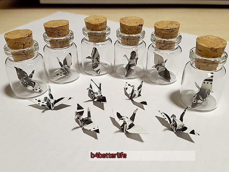 Lot of 20pcs 1-inch Hand-folded Black & White Paper Crane In A Mini Glass Bottle With Cork. WR paper series. CIB20g. image 1