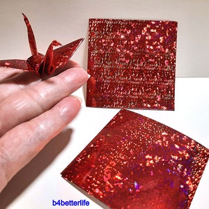 200 Sheets 3" x 3" Red Color DIY Chiyogami Yuzen Paper Folding Kit for Origami Cranes "Tsuru". (4D Glittering paper series). #CRK-34.